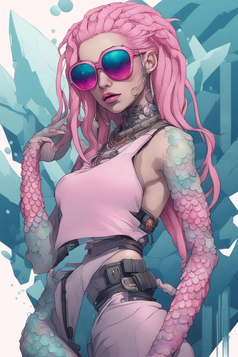 entire body mermaid cyberpunk some fish scales on face pink hair dreadlock sunglasses