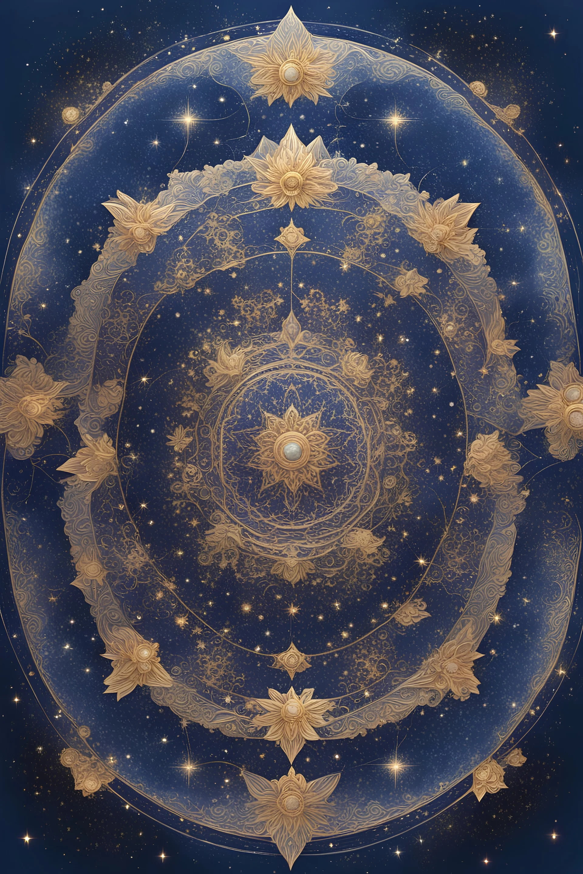 Generate a celestial-themed mandala with deep blue hues, accented by shimmering gold and silver details. Emphasize symmetry and intricate patterns inspired by cosmic elements