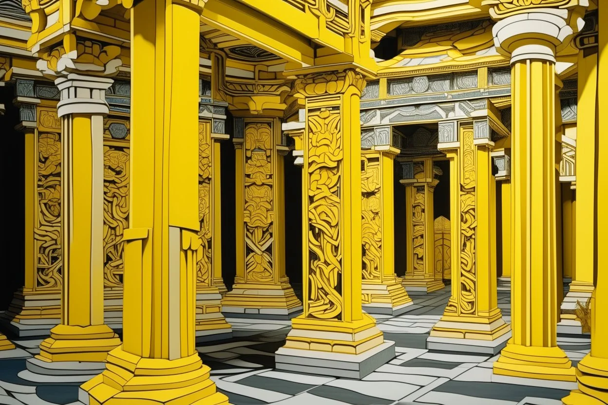 A yellow ruins with pillars designed in Chinese paper art painted by MC Escher