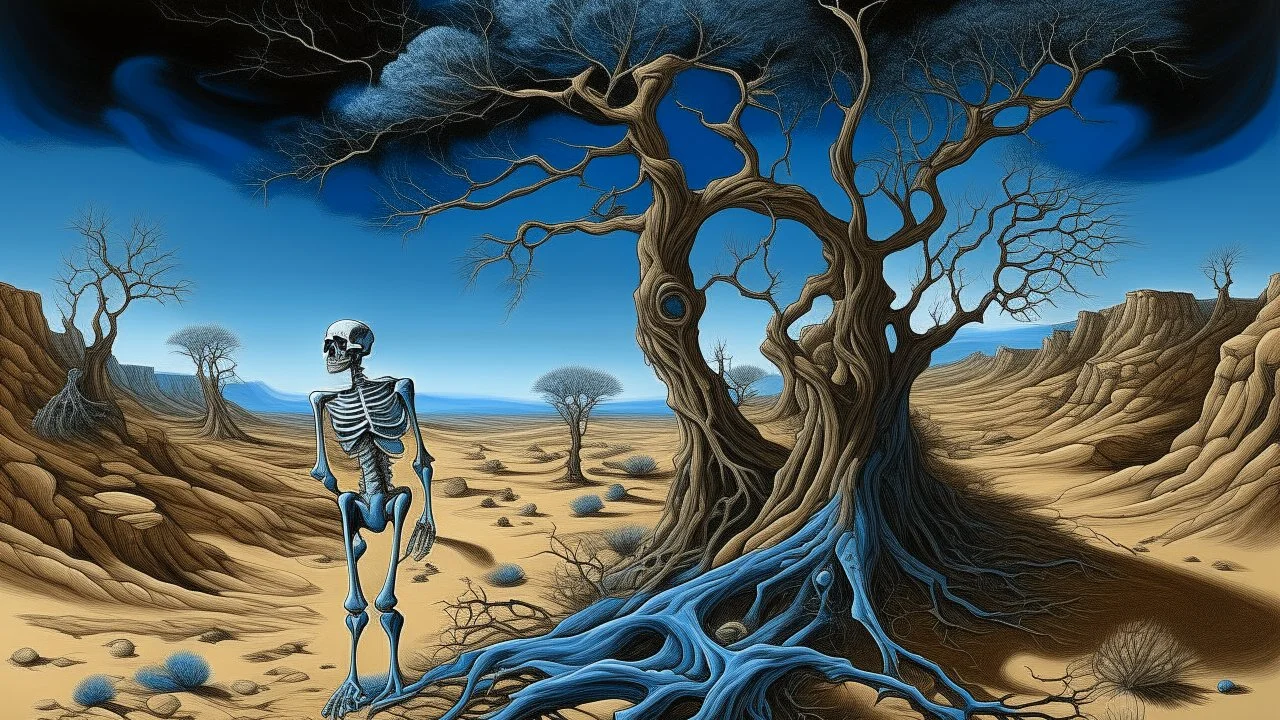 Paisaje desértico bajo un cielo azul profundo degradado hacia el negro, en el centro una figura híbrida mitad humano mitad árbol con ramas que se transforman en brazos y raíces que se funden con esqueletos animales enterrados, rocas erosionadas con texturas orgánicas generadas mediante frottage y grattage, atmósfera de misterio y aislamiento, simbolismo críptico de naturaleza hostil, pintura surrealista con precisión académica en el dibujo