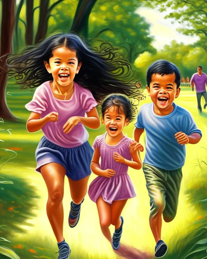 Papá alegre con sus bebes niño y niña jugando y corriendo en el parque felíz cuerpo completo colores complementarios obra de arte pintura al óleo impactante detallado ojos marrones pelo negro hiperrealista 8k coherente niño