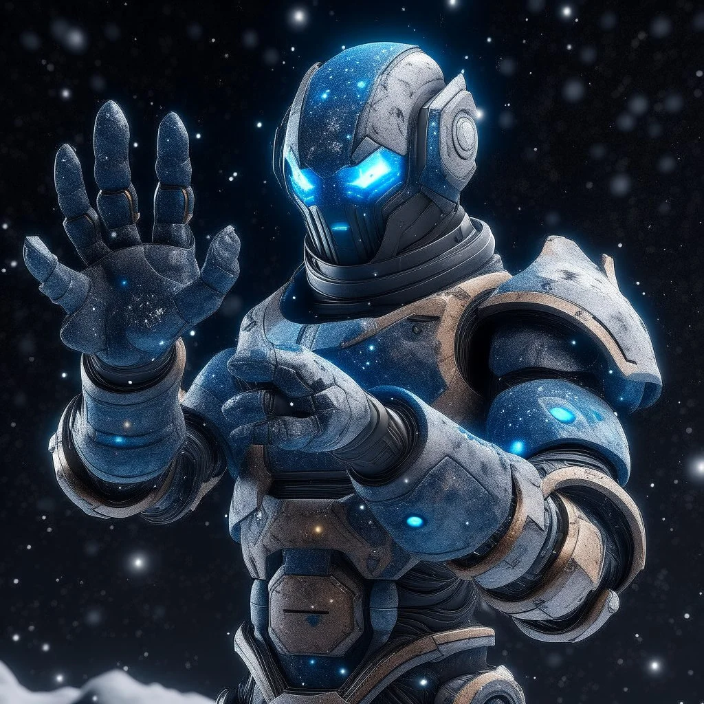 A battle suit made of galaxies and stars with a glove that has seven endless stones