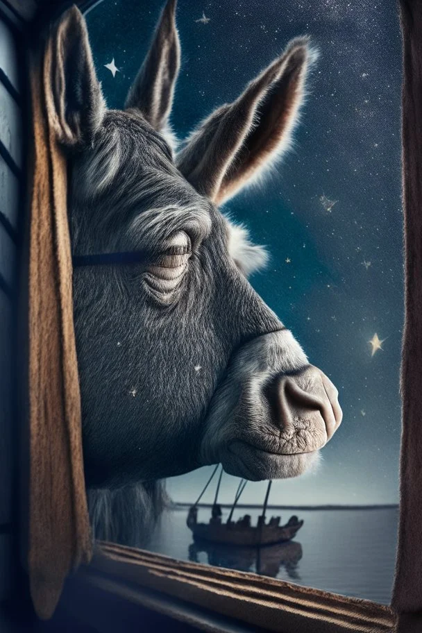 grandpa donkey portrait with background star field seen in the window of a boat, 4 k, trending art, depth of field, high detail, high contrast