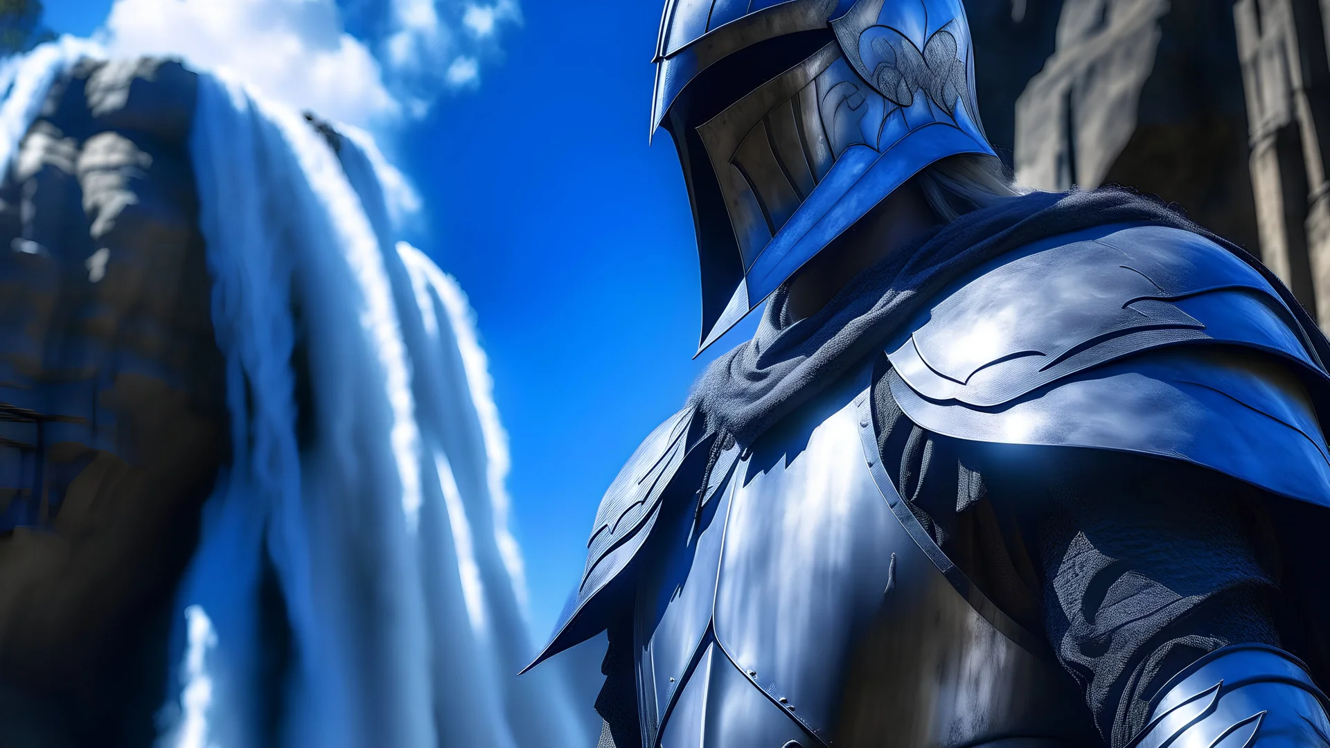 beau chevalier,visage decouvert, cote de metal , ciel bleu , cascade