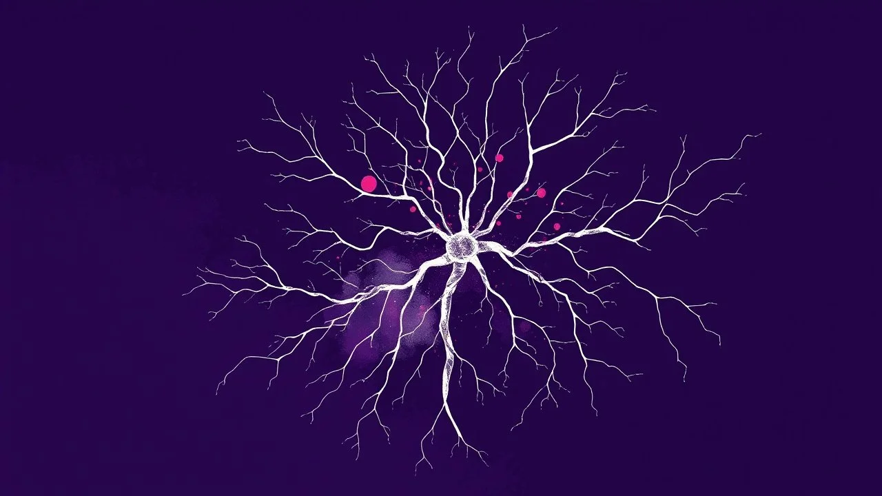 A minimalist abstract digital art graphic and ink montage,. Deep dark purple background with neural network, nervous system, white-dark blue-magenta-pale gray and black colors, Clean composition with strangge vibe, modern digital art style with surreal vibe, Photorealistic with emotional with abstraction , neurodivergens mood