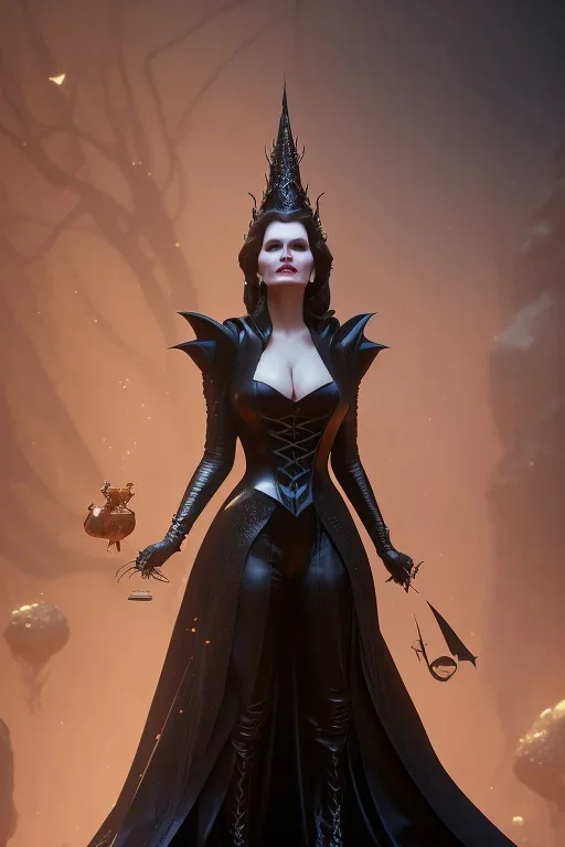 Geena Davis as evil queen in black leather gown, evil, busty, cleavage, curvy, angry, stern look. character design by cory loftis, fenghua zhong, ryohei hase, ismail inceoglu and ruan jia. unreal engine 5, artistic lighting, highly detailed, photorealistic, fantasy