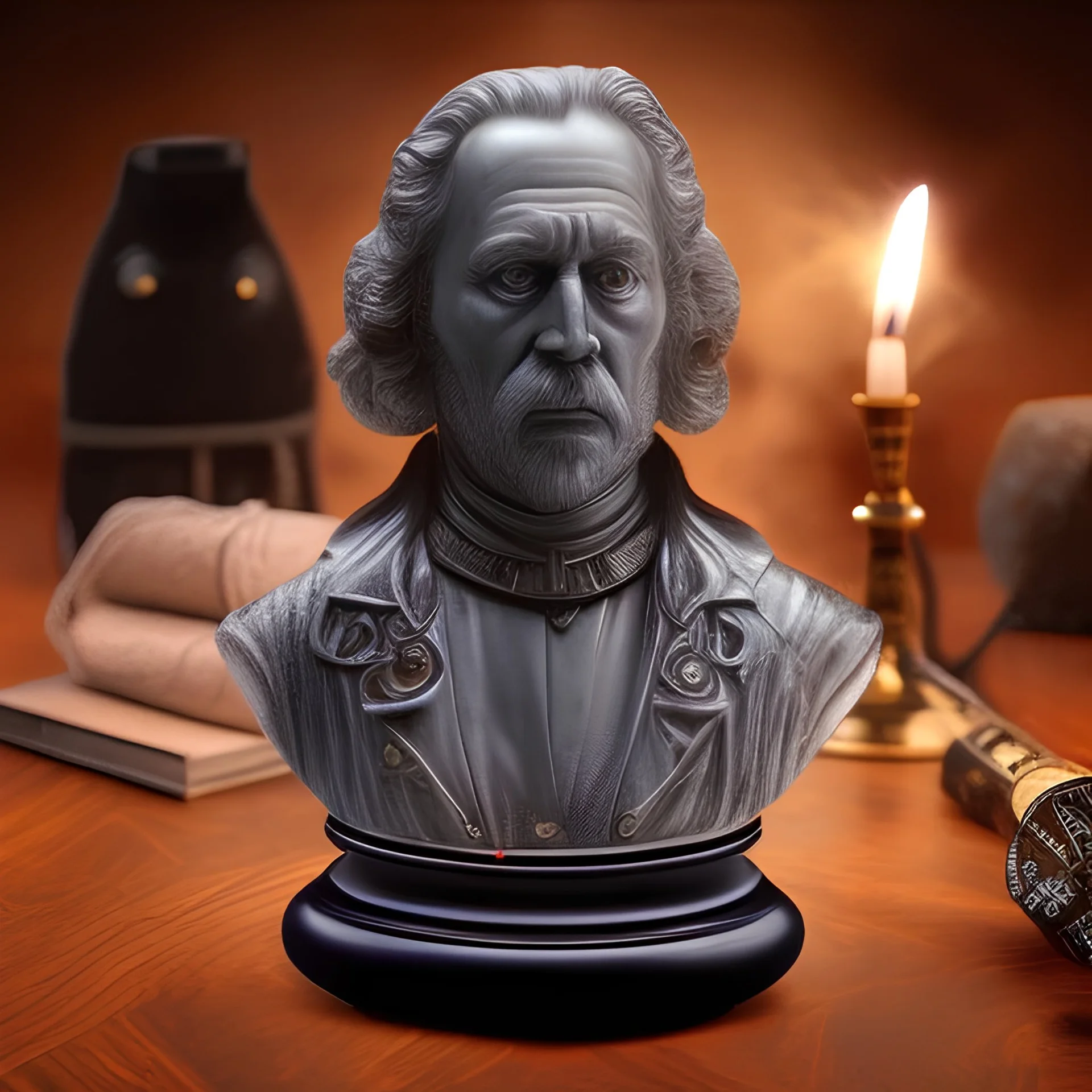 polished stone bust of the king of ghost busters, ancient, magic,on dark wooden table with drinking glass,compass,brilliance, candle, dark figure in background, movie poster