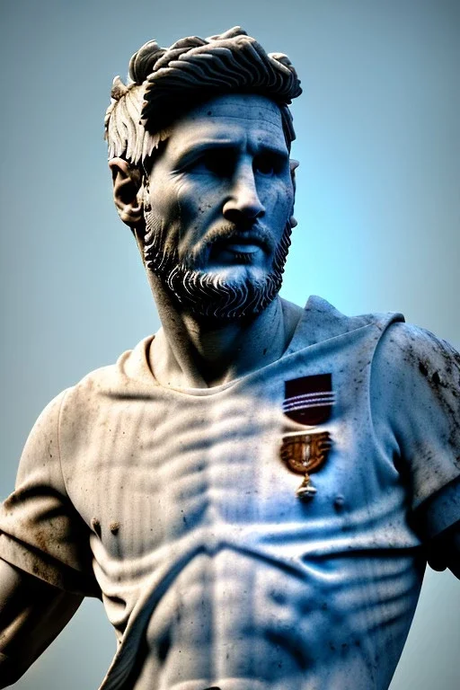 Ultra Realistic image, roman sculpture, white marble material, Lionel Messi, Laurel leaves wreath, miguel angel style, chisel style, emperador, waist up portrait, ultra hd, perfect texture, epic, celestial, cinematic lighting, God light, god rays, 4k resolution, smooth details, ornate details, soft lighting, unreal engine 5, low relief, marble background.