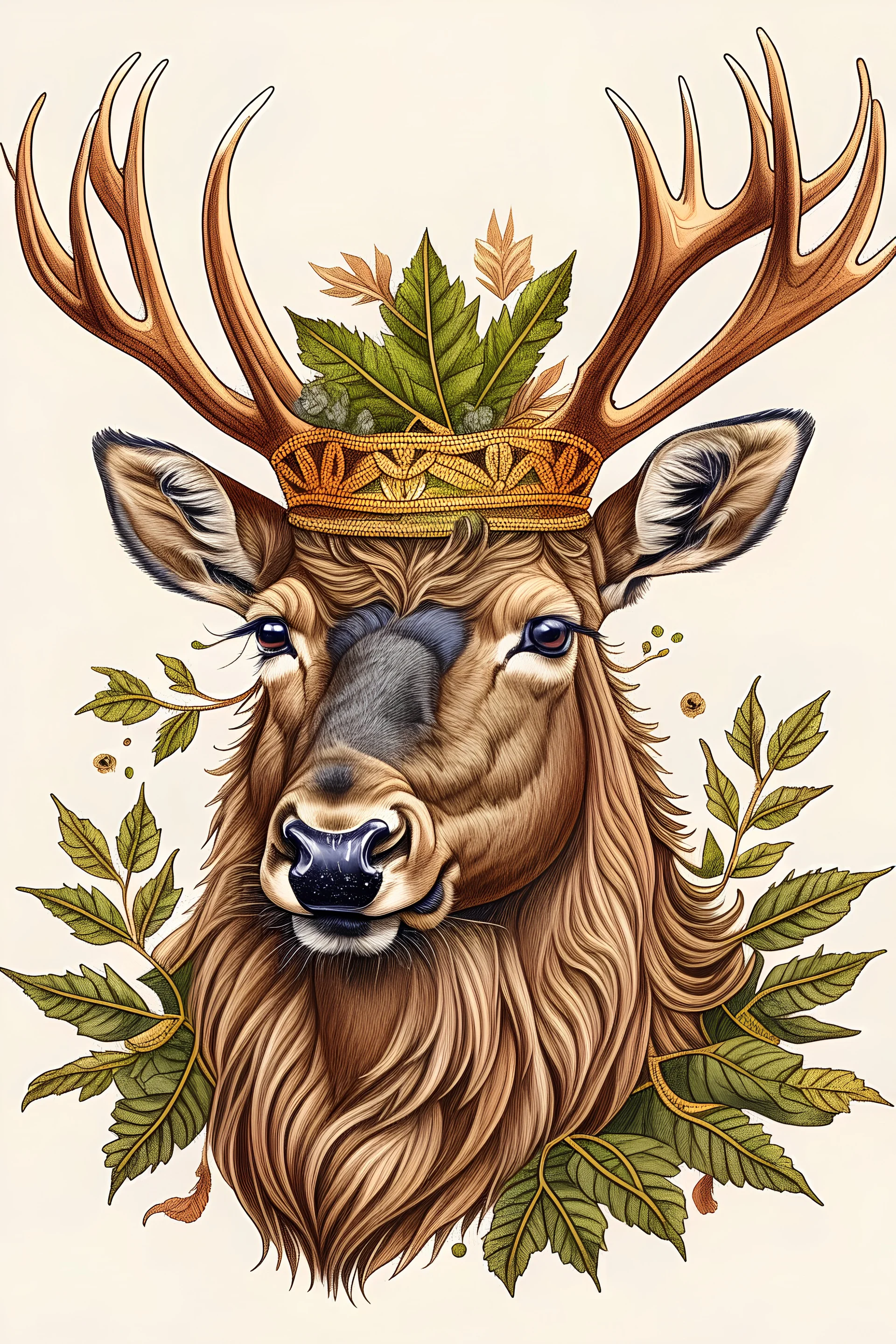 An elk wearing a royal Crown made of leaves.