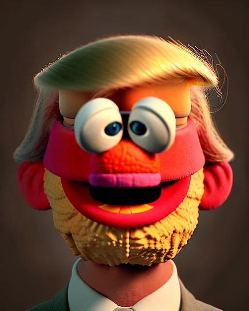 Waist up Portrait, Donald trump muppet, Sesame Street style, retro style, photo studio, unreal engine 5, god lights, ray tracing, RTX, lumen lighting, ultra detail, volumetric lighting, 3d.