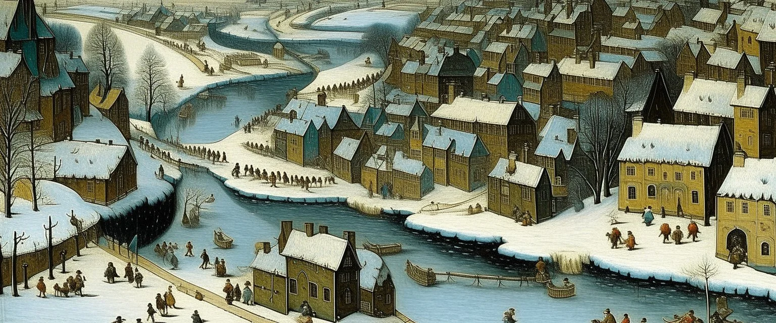 A light bluish silver small town near a frozen creek painted by Pieter Bruegel the Elder