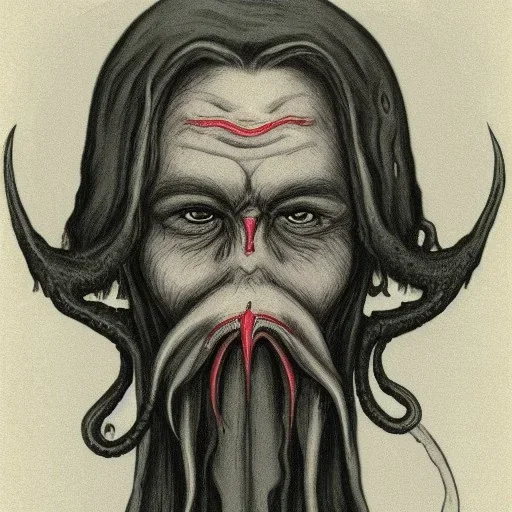 Vampire with yellow eyes with Cthulhu tentacle beard grey skin and vampire fangs and vampire bat nose as a Russian Orthodox