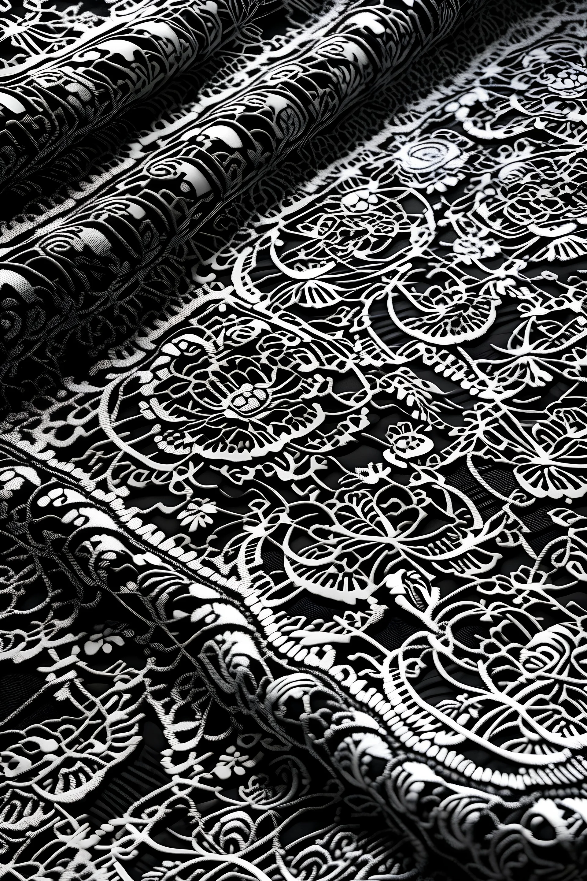 flatlay of black french chantilly pizzo pattern on a white matt surface, Solstiss, tilable, made for seamless Material, light creamy color, very detailed