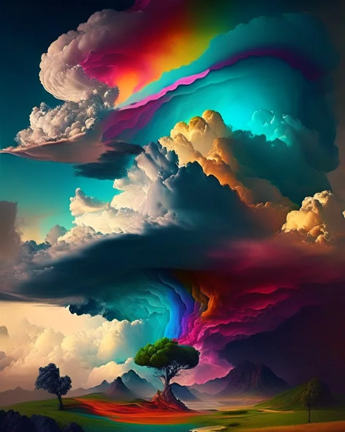 Phantasy landscape with dramatic cloud in multicolor