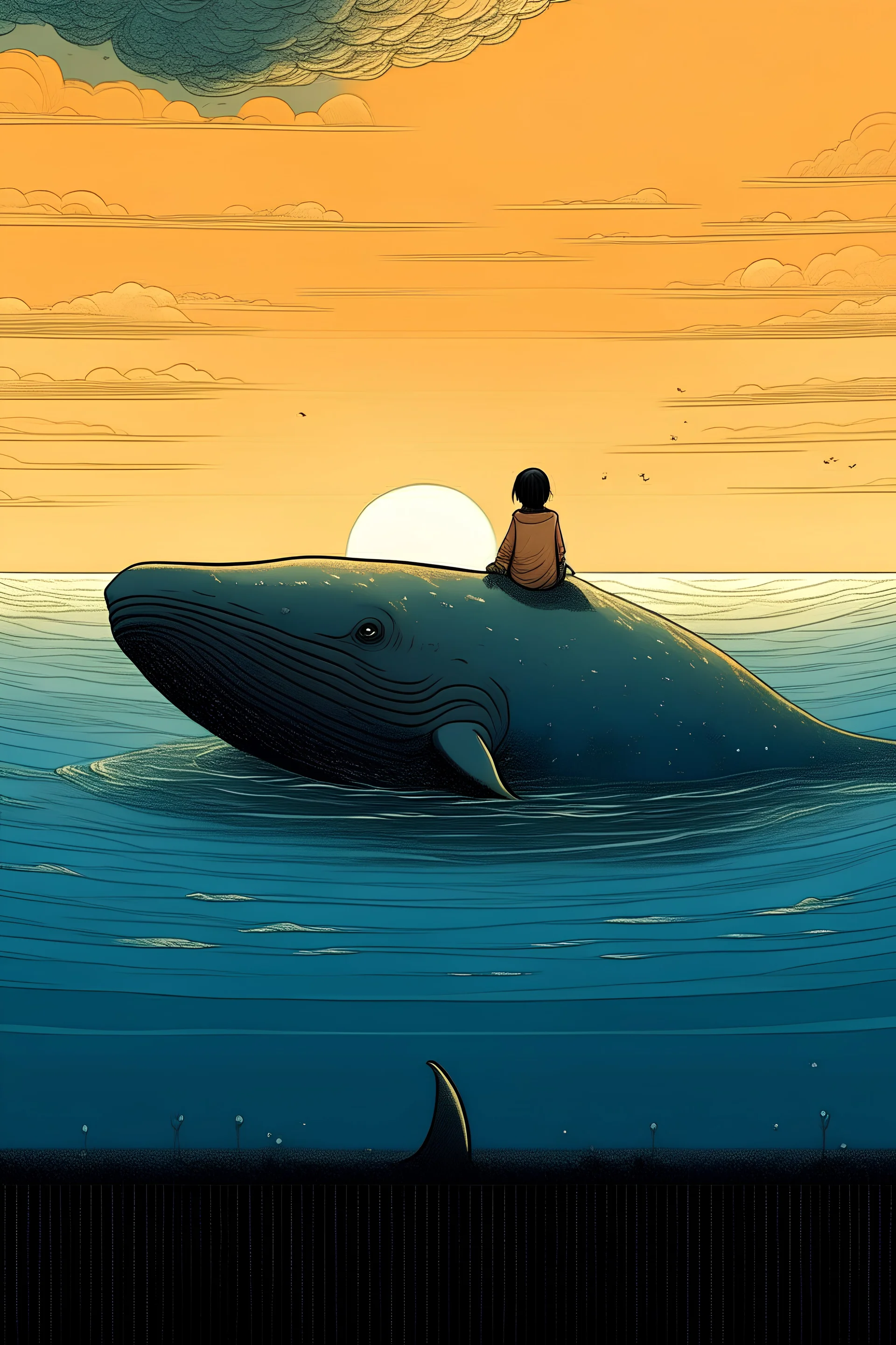 a distance angle of a giant whale who is half in the water and with a kid laying and watching the sky on top of it. childrens book illustration.