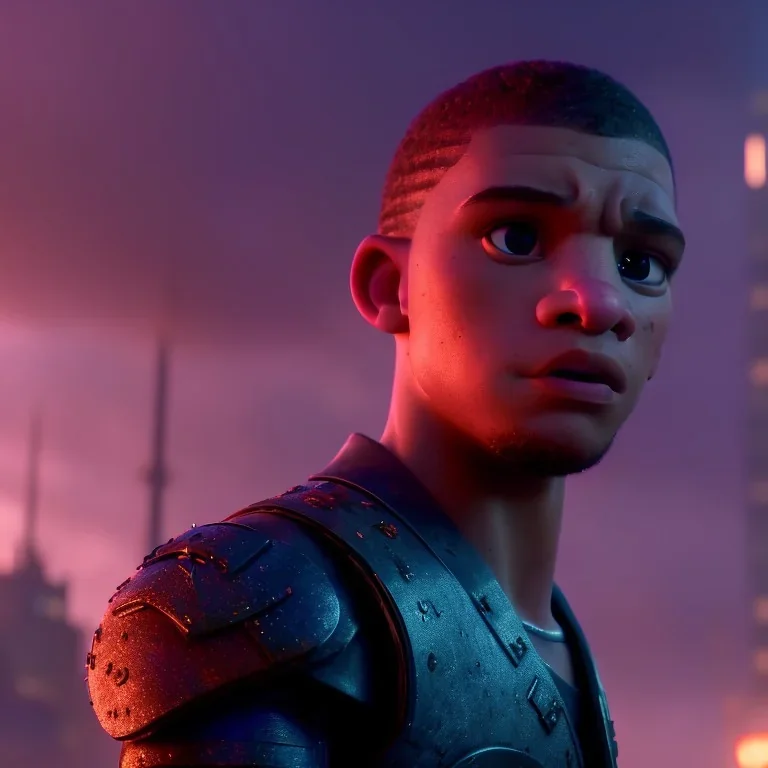 portrait post-apocalypse cyborgs perfect face mbappe in a cyberpunk city, france flag sci-fi fantasy style, volumetric lighting, particales,highly detailed,cinamatic, deep colours,