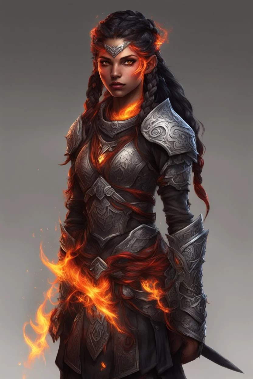 Paladin druid female made from fire. The hair is long and bright black, with some braids, and it is on fire. Eyes are noticeably red; fire reflects. Make fire with your hands. Has a big scar over the whole face. Skin color is dark. Light armor