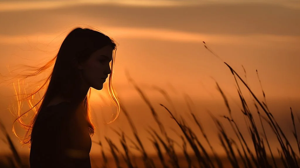 Silhouette of the head of a young lady with long flowing hair in a slight breeze. At sunset in Czech nature.