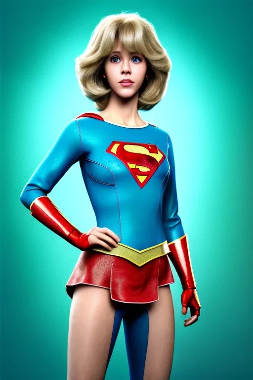 Waist up portrait, blonde, Jane Fonda, make-up, happy, Realistic image, retro pop, 60s, supergirl, tights minimal dress, sweat, Color background, photo studio, concept art, smooth, unreal engine 5, god lights, ray tracing, RTX, lumen lighting, ultra detail, volumetric lighting, 3d, finely drawn, high definition, 4k.