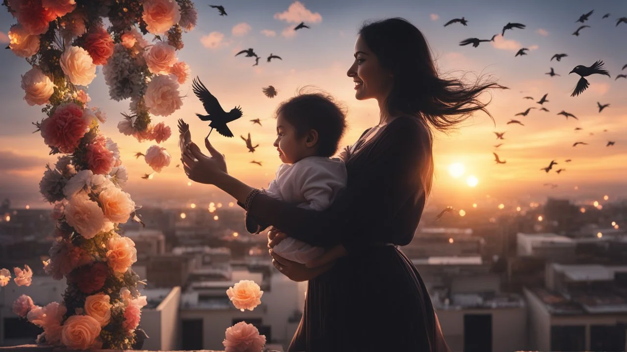 Hyper Realistic Photographic-Silhouette view of a beautiful mother with long-black-hair-whirling, carrying & happily-playing with her smiling-baby in her hands on a rooftop decorated with flower-arches, garland-lights-&-petals-whirling with cloudy-sunset-behind & silhouette-of-birds-flying showing dramatic & cinematic ambiance.