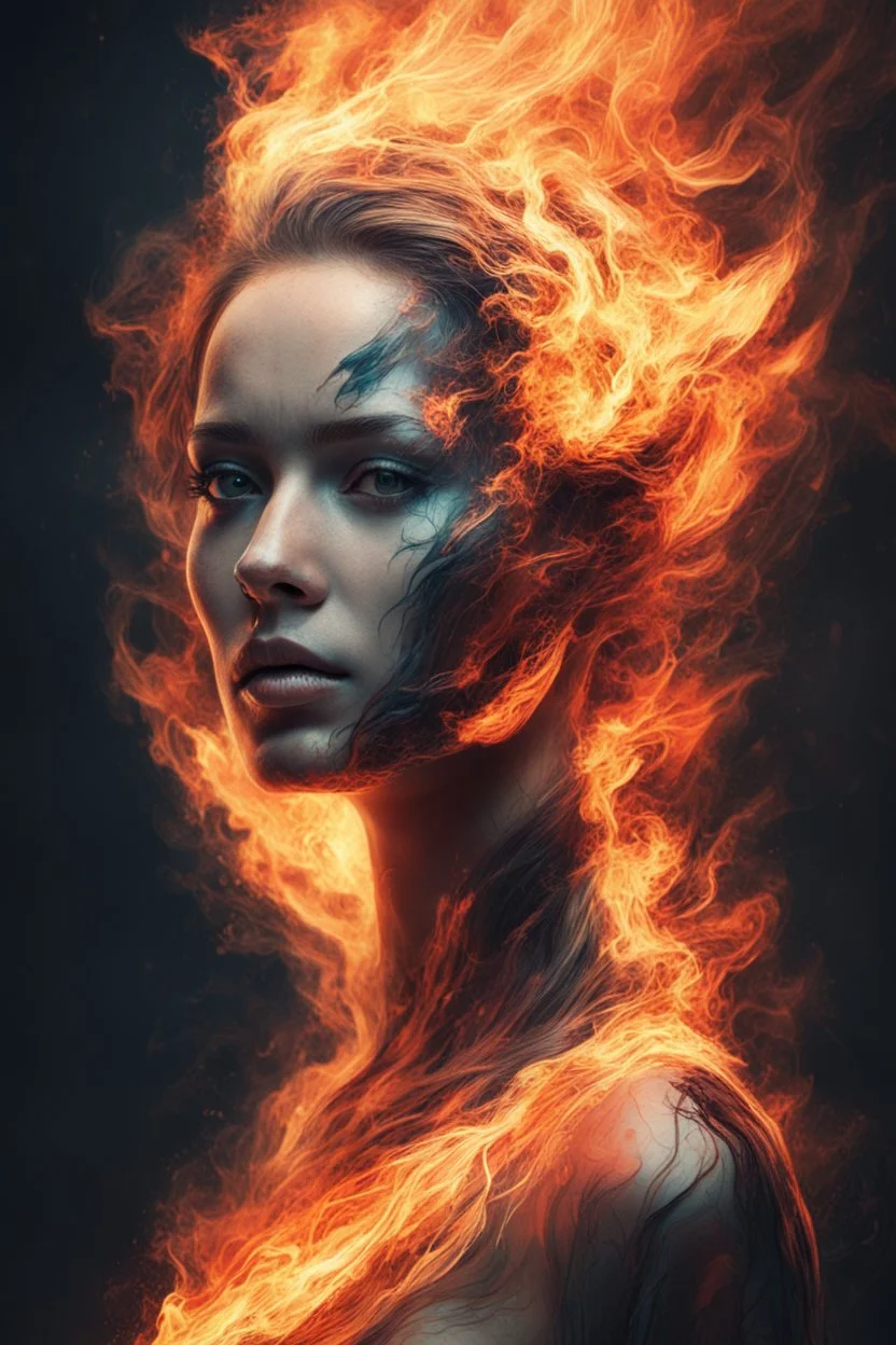 An abstract and captivating digital artwork, portrait of a woman with burning edges