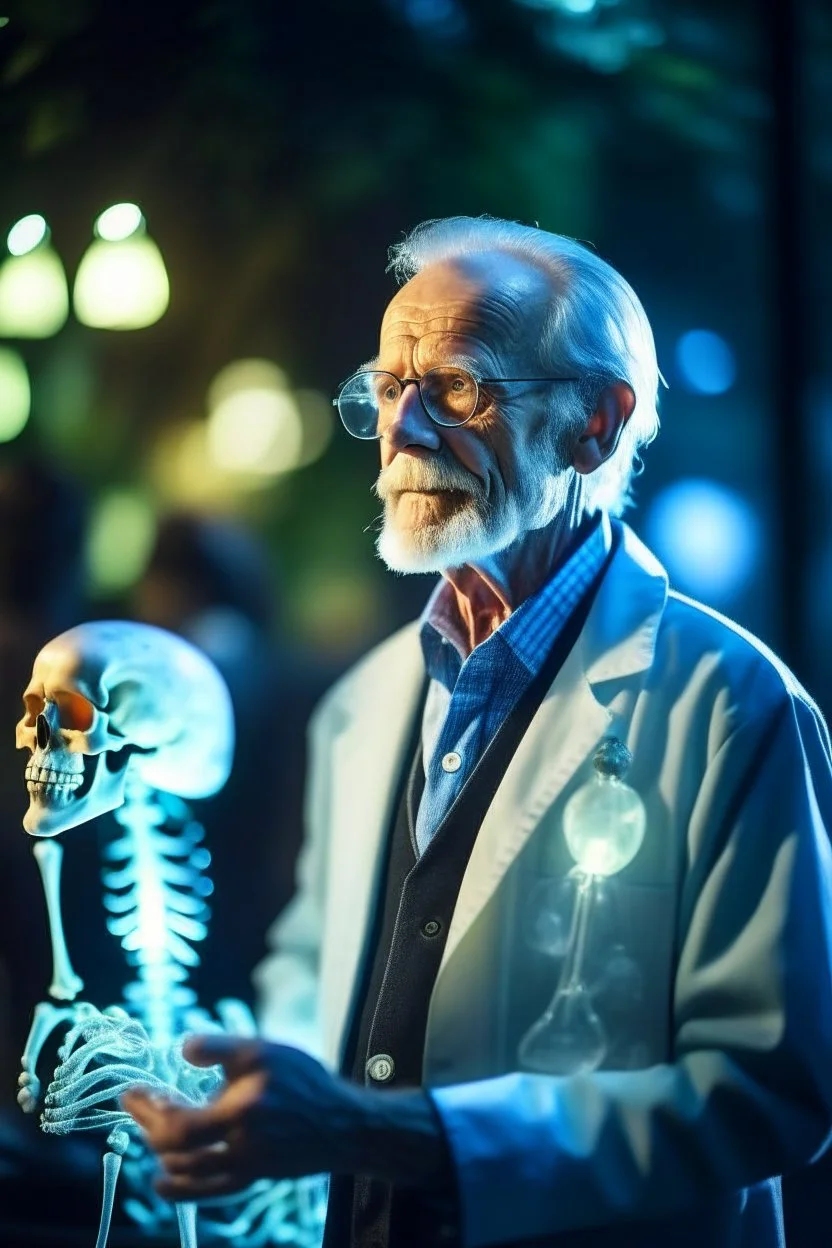 portrait of flashy transparent old man scientist in the zoo showing of his glowing skeleton, zeiss prime lens, bokeh like f/0.8, tilt-shift lens 8k, high detail, smooth render, down-light, unreal engine, prize winning