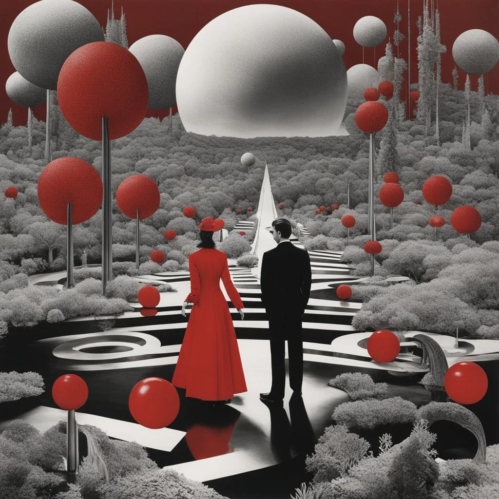 surreal collage art crafted from vintage persian magazines poster Novell , art composition by kusama, sci-fi elements , Alice's Wonderland, black and white and deep red