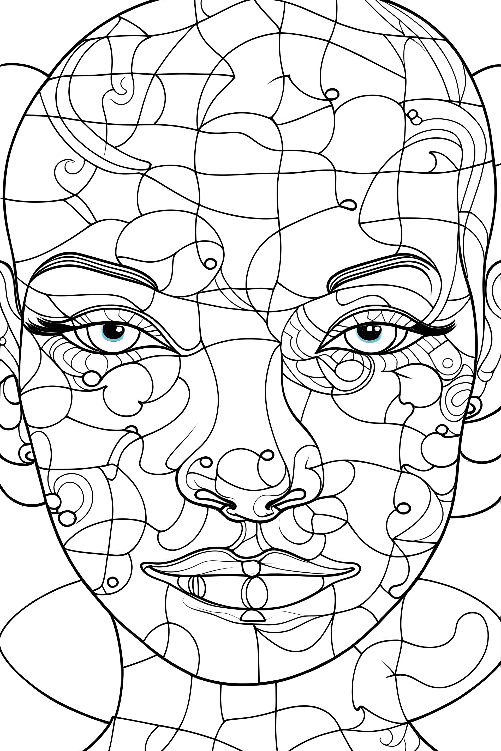 Outline art for coloring page, ROUND FLAT NOSE WOMAN'S FACE IN A PUZZLE, coloring page, white background, Sketch style, only use outline, clean line art, white background, no shadows, no shading, no color, clear