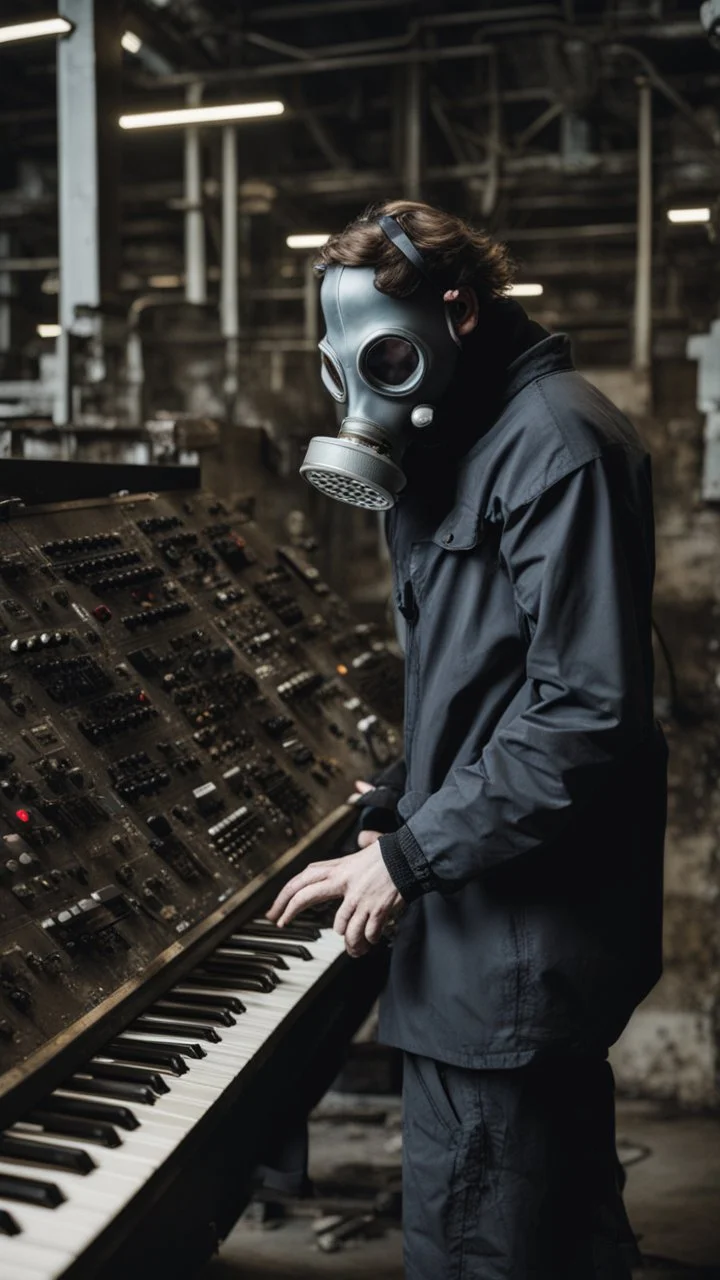 a person with a gas mask in an abandoned big massive factory, playing with a modular synth piano