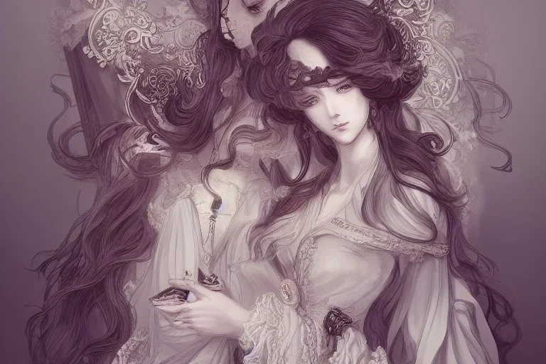 baroque style, elegant, long hair concept art, fancy clothing, fancy room interior, highly detailed, artstation, behance, deviantart, inspired by innocent manga, inspired by castlevania concept art, trending, ayami kojima, shinichi sakamoto