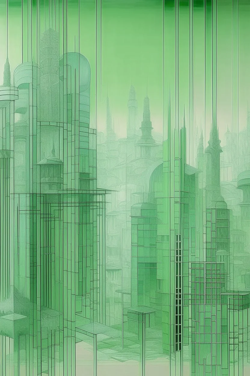 A light palish green dystopian city with haunted screens designed in Navajo woven art painted by Raymond Duchamp-Villon