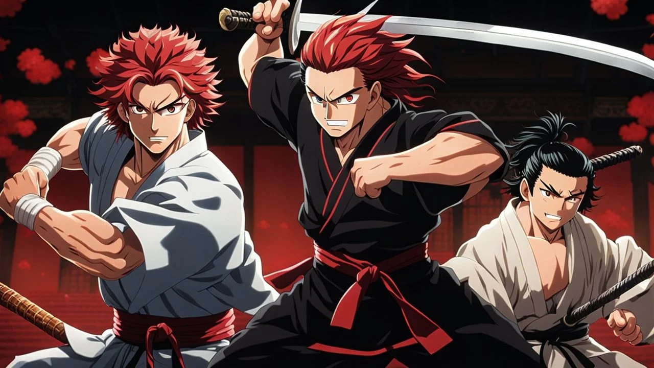 yujiro hanma vs yoriichi tsugukuni, baki vs kimetsu no yaiba, two mans standing in front of each other, a big strong man in black shirt with red hair and evil grin in martial art's stance facing a smaller feminine swordsman with long hair and calm face reaching for his sword in traditional japanese clothes both preparing to fight each other