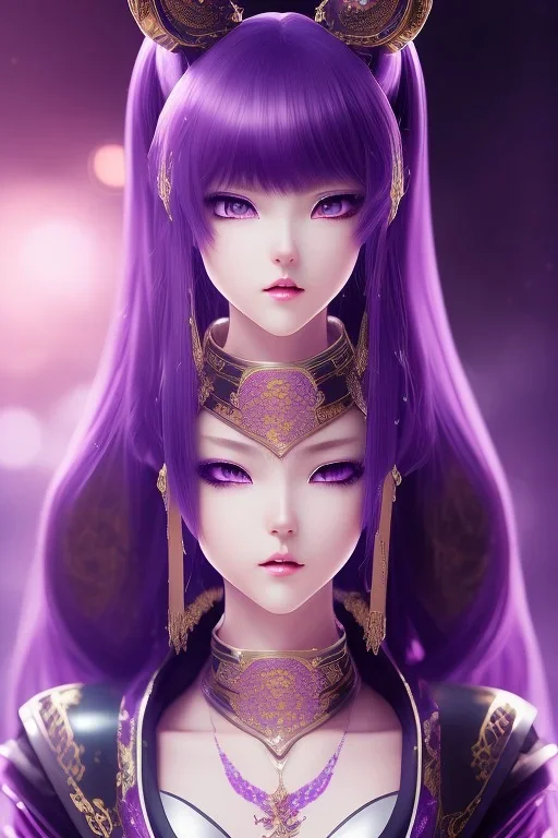 Detailed cute anime Kunoichi girl, purple hair buns, purple bangs, black latex bodysuit, intricate details, full body portrait, keep head in frame, slight smile, black Japanese motif, concept art, highly detailed, digital painting, concept art, sharp focus, illustration, art by Yoji Shinkawa, WLOP and greg rutkowski and alphonse mucha and artgerm and yanjun Chen and Junji ito and Makoto Shinkai, HDR, octane render