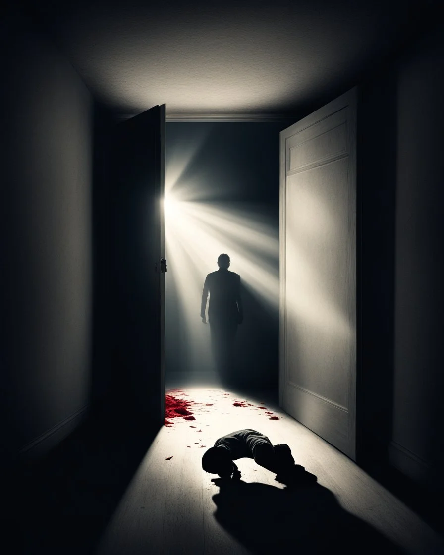 In a dark room, a shadow behind a light streams in through an open door symbolizing new possibilities, hope, and overcoming problems.a man is laying down dead with his face is bloody