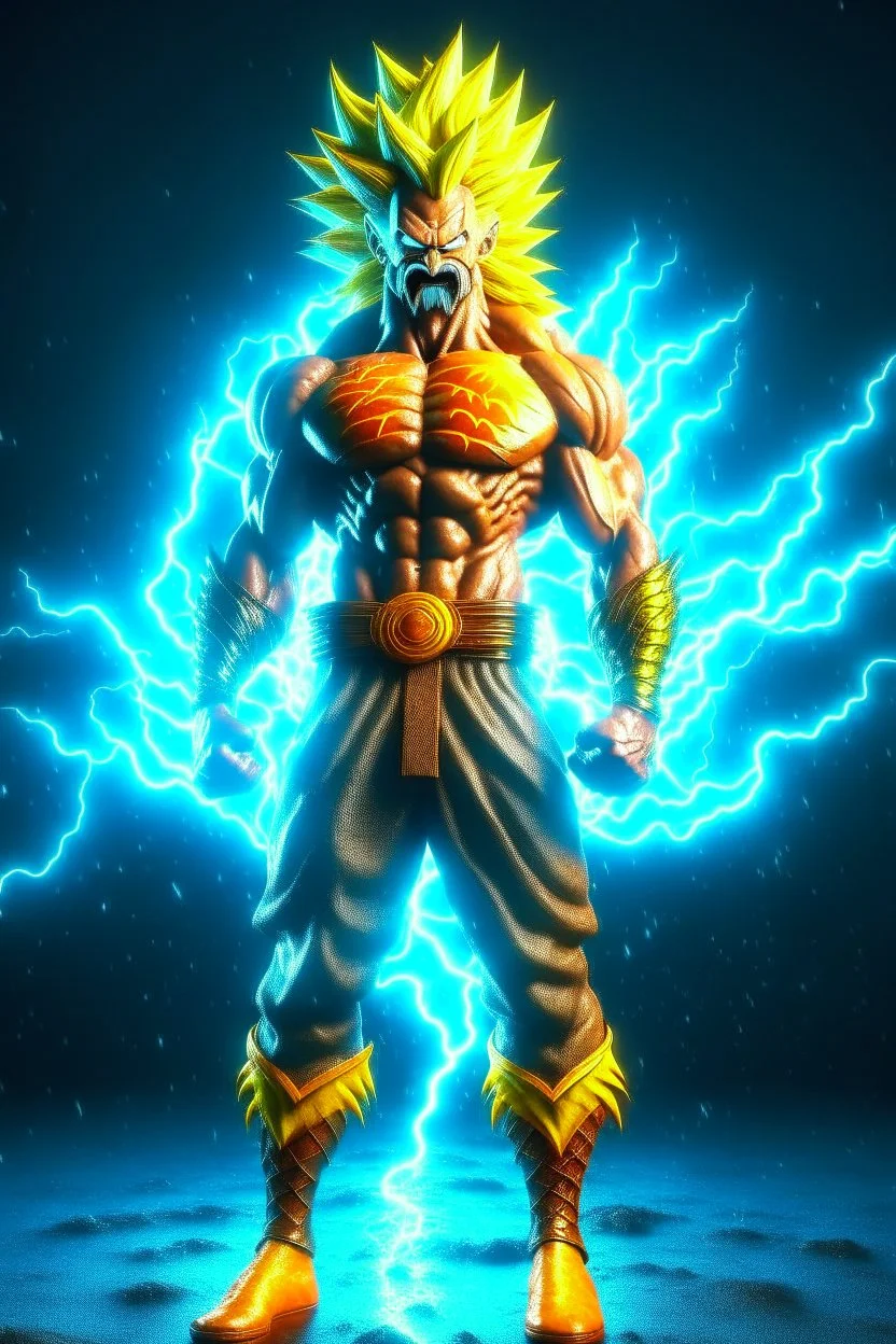 realistic 3d rendering of goku super saiyan fused aquaman, surrounded by lightning, big muscular, full body photography, hyperrealistic