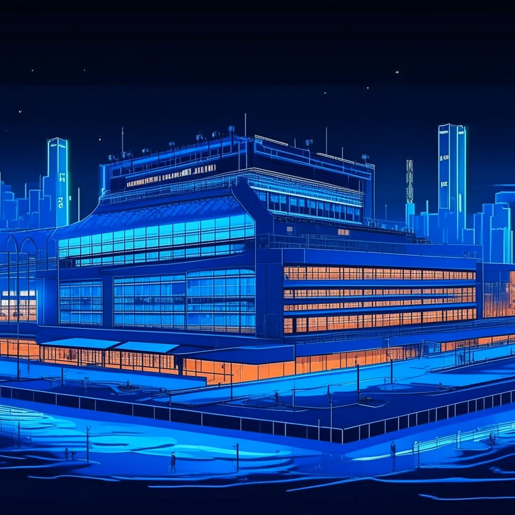 A bright pixel art cyberpunk-style illustration of the bramley docks Stadium, home of everton, glowing in sky blue and white neon lights. The stadium is set in a futuristic skyline with illuminated skyscrapers, digital billboards, and a glowing road leading to the main entrance. The architecture is sleek and modern, with light reflecting off metallic surfaces. A toffee and a glowing everton crest hologram float in the sky, casting a radiant blue hue. The city around is lively,