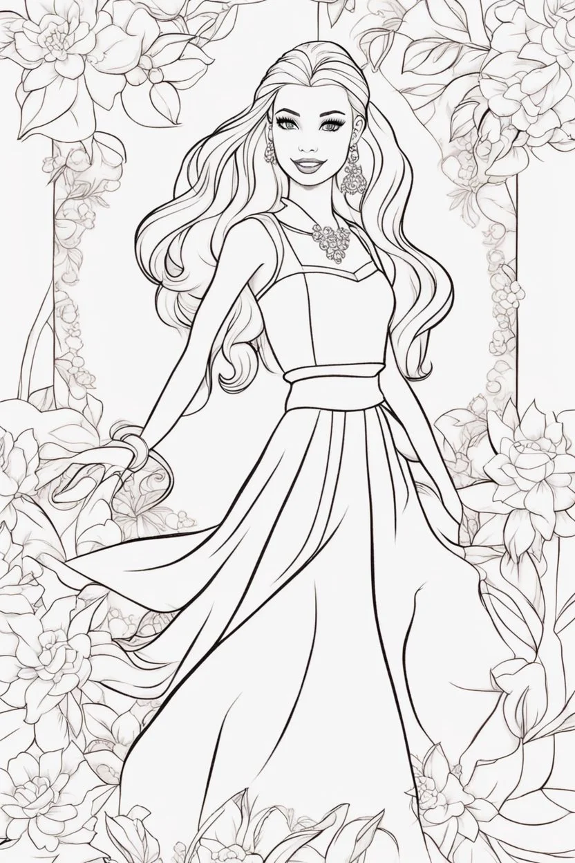 outline art for kids barbie coloring pages with barbie with her 2 friends , no background, sketch style, full body, only use outline, mandala style, clean line art, white background, no shadows and clear and well outlined. should look exactly like barbie