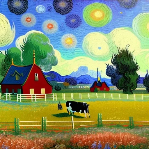 Dibujo al oleo de una pradera con una casa y unas vacas con muchas nubes de colores estilo Vincent van Gogh