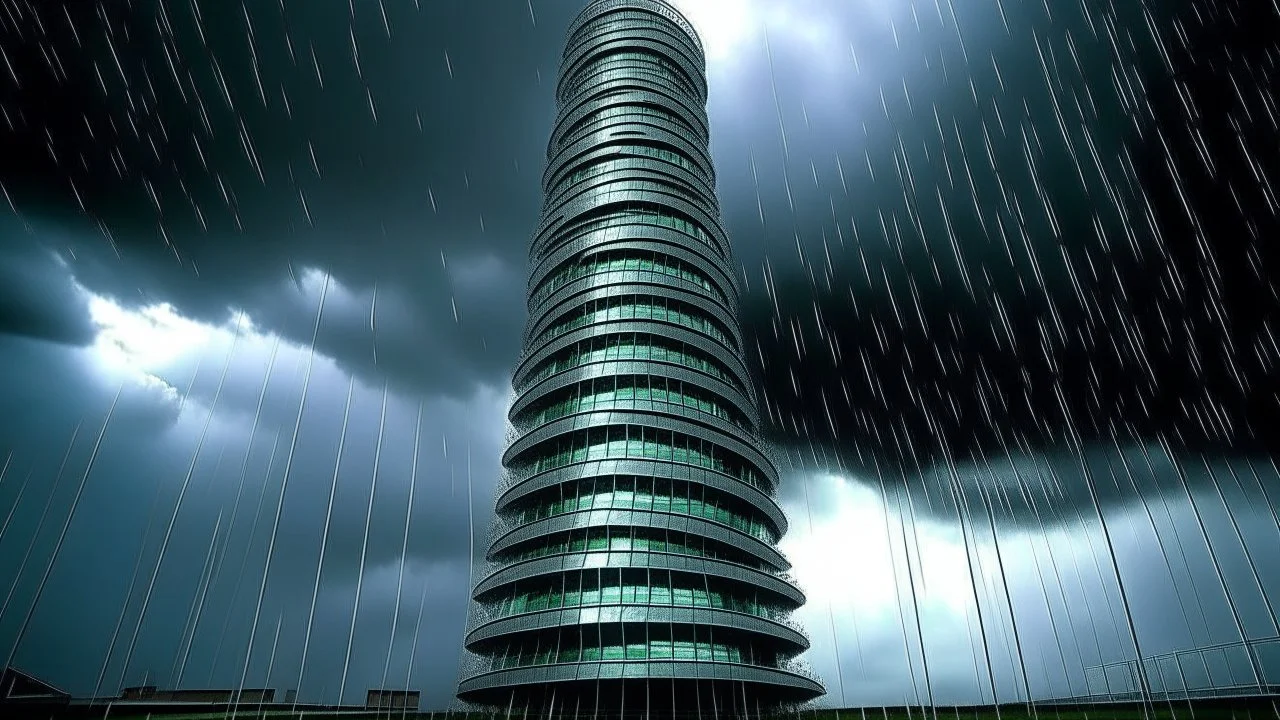 photo posted to myspace in 2007, A tall, spiral-shaped structure featuring mirror facades and dynamic LED lights, set against a cloudy sky during a storm, with raindrops visible on the glass., minnesota indoors, flash photography,