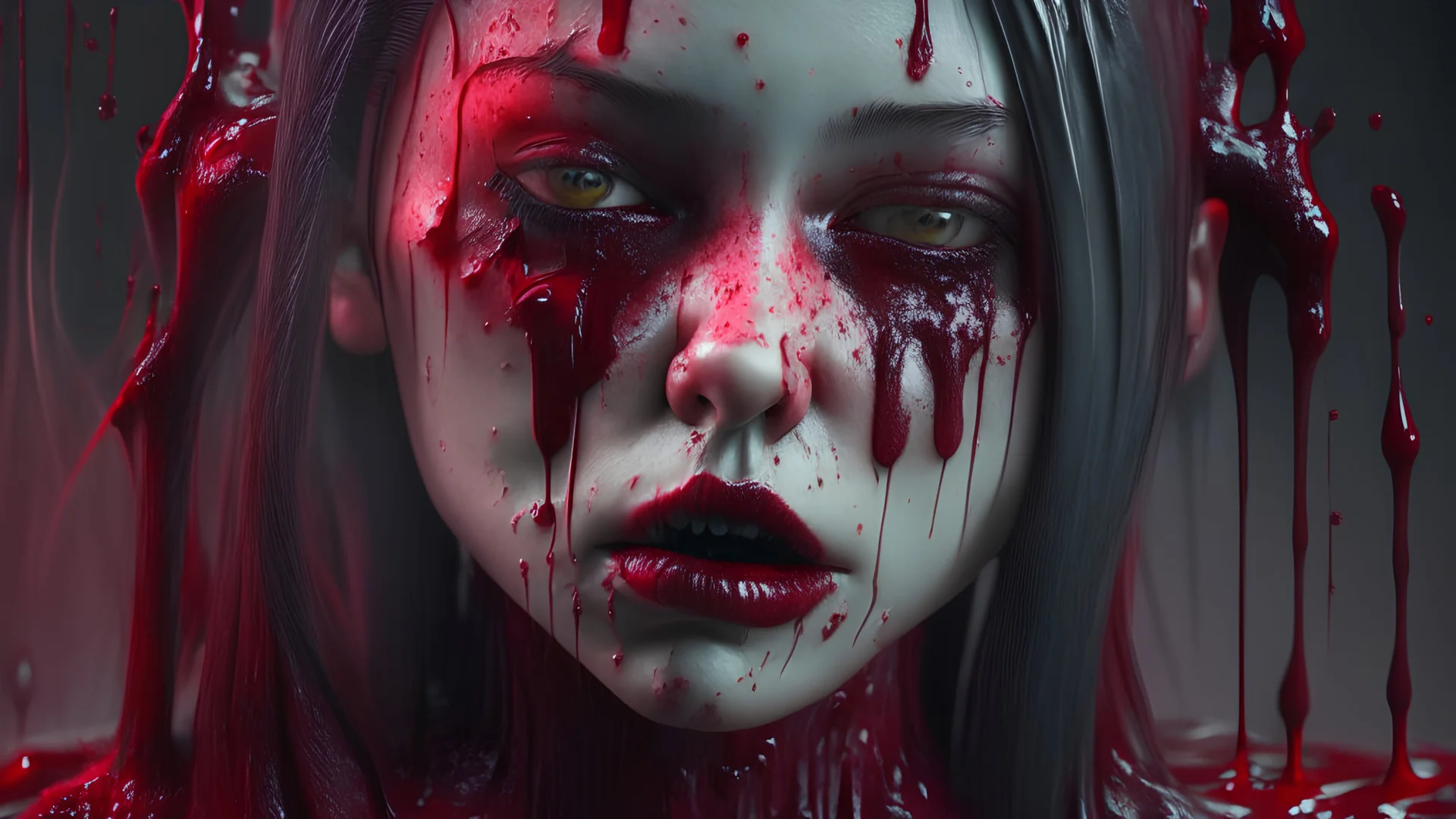 darkred slime Goth girl, realistic photograph , 3d render, octane render, intricately detailed, cinematic,