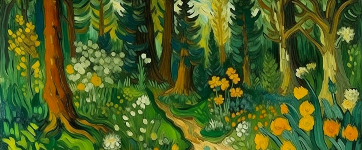 A green forest with beautiful flowers painted by Vincent van Gogh