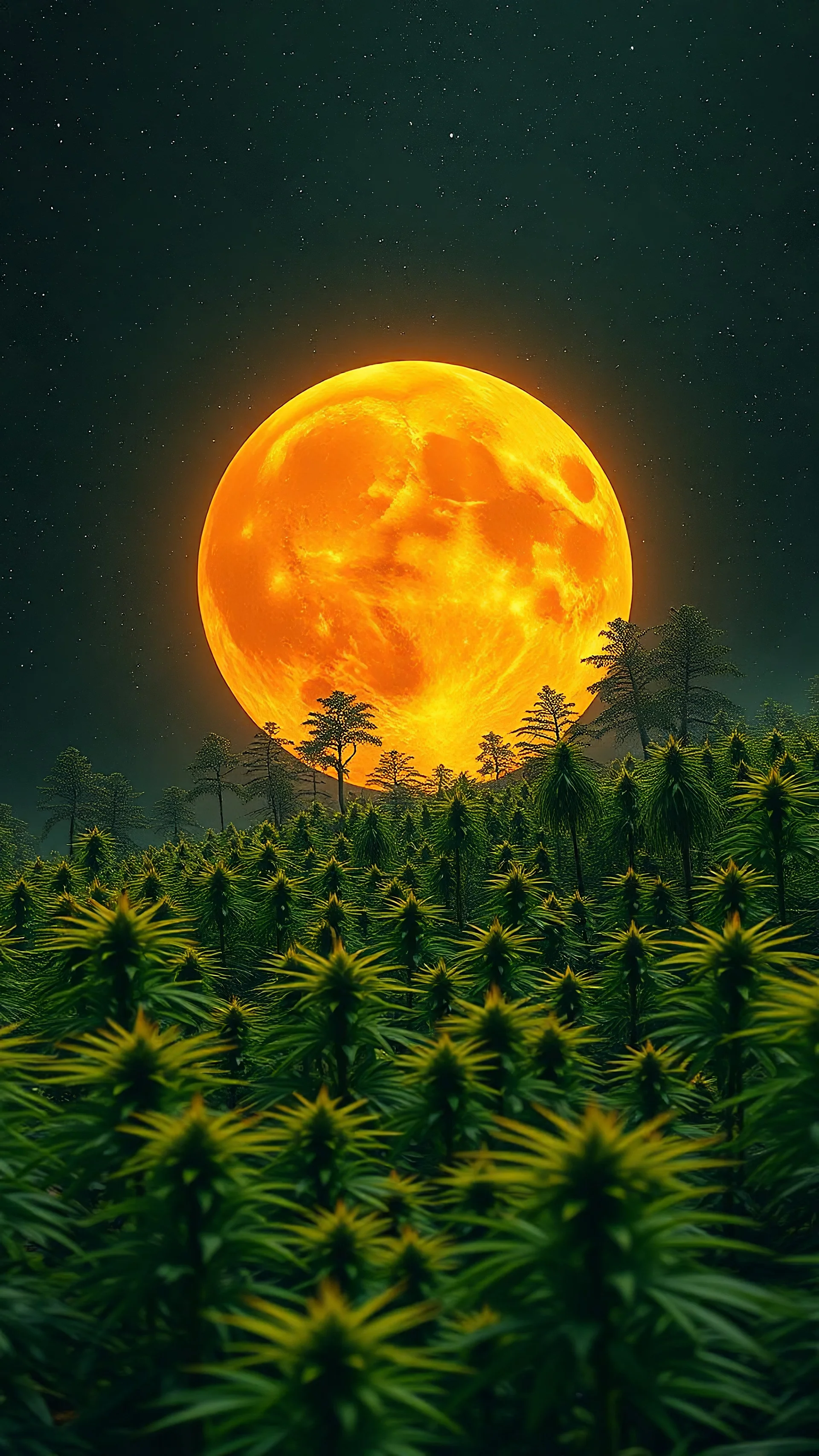 Orange moon landscape on green planet, space meteorites, stars in the night sky, fantasy plants on theof marijuana trees split toning effect, subsurface gaussian scattering, dark fantasy, dark botany, photorealistic image, ultra-details, Marijuana trees