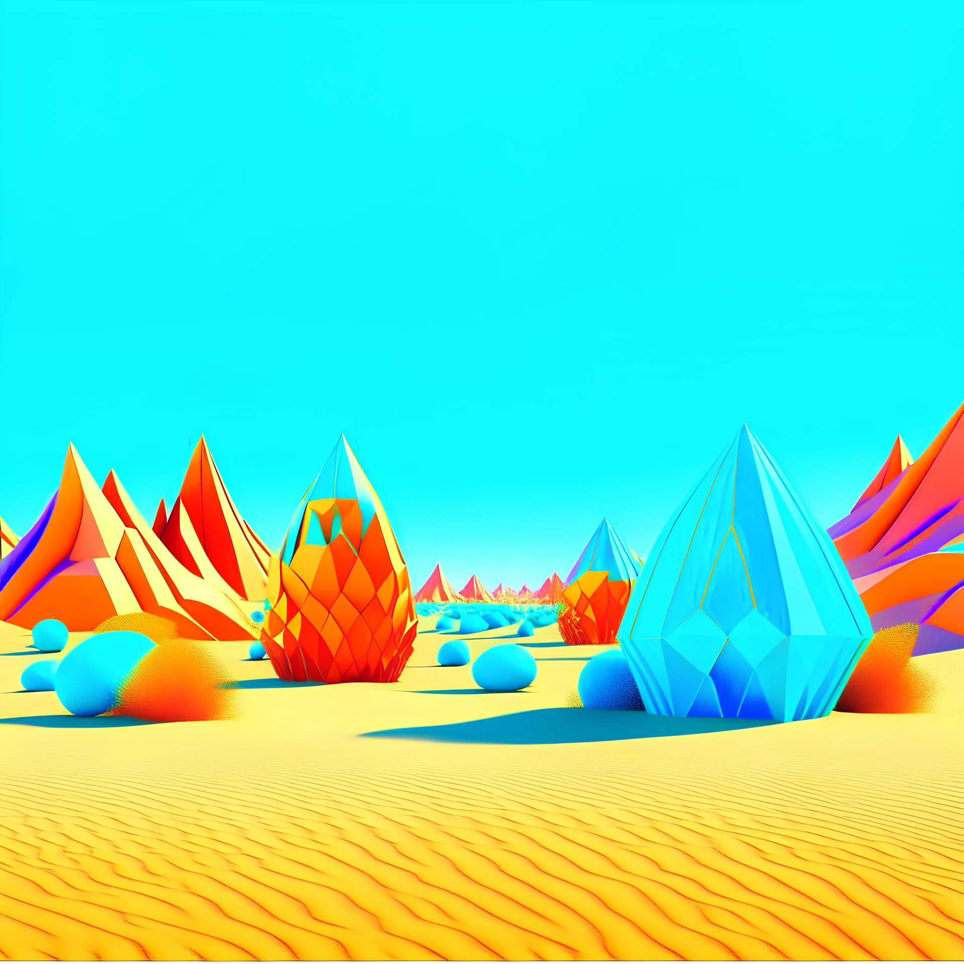 Bright, glittering, 3d, plastic-like, surreal objects in a bright environment, desert, noon light