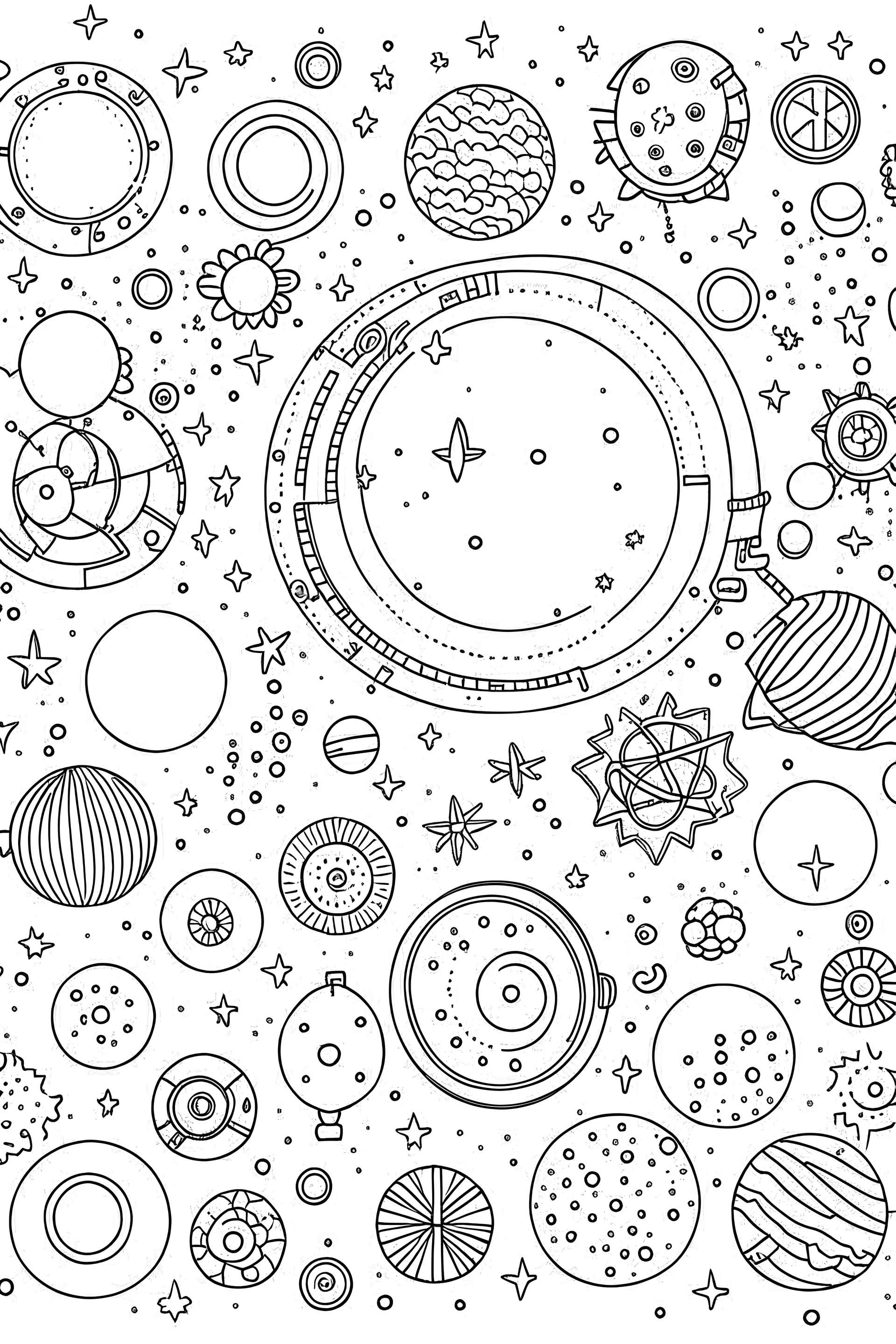 outline for cute symmetrical outer space minimal pattern coloring page for a background including planets and stars, white background, sketch style, only use outline, clean line art, no shadows and clear and well outlined and simple and minimalist