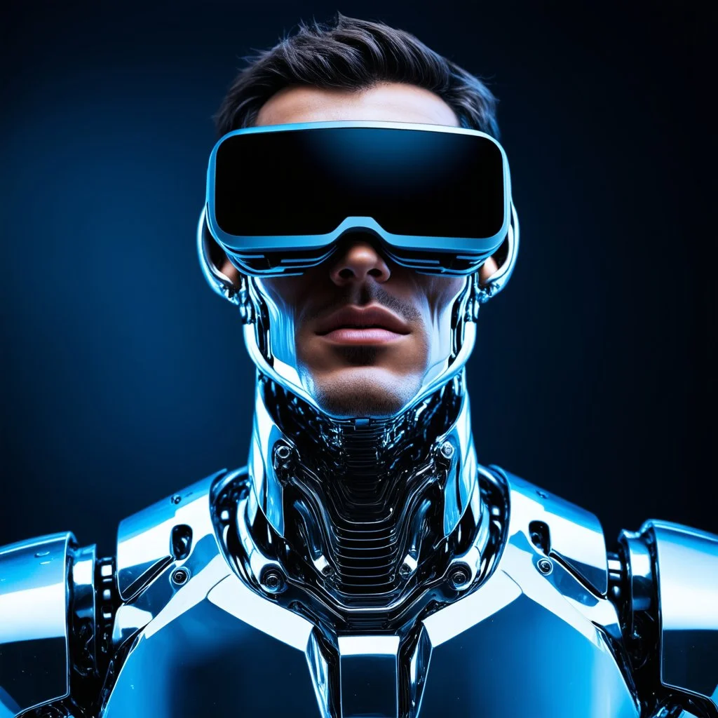 portrait shot, chromed male cyborg with vr glasses instead of eyes, shining chromed robot in dark background, floating