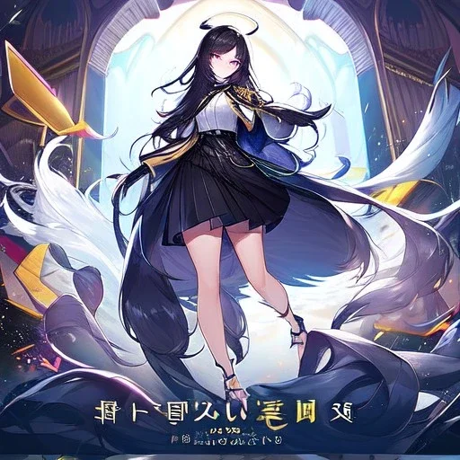 Clear focus,High resolution, black long fluffy hair, long fluffy bangs, purple eyes, wearing a uniform outfit, front hair cover eyes, wearing a short skirt, full body, splash art