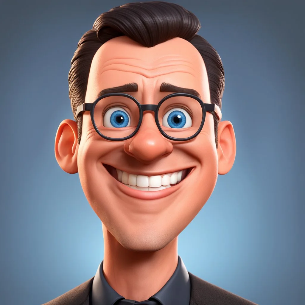 a portrait of smiling western man. 40 years old. caricature. black short hair. light skin. blue eye pupils. rectangle eyeglasses, black frame. heart face shape. extended goatee moustache. wear black formal dress. pixar style. 3D. 4k. portrait. highly detailed. sharp focus. high resolution. full color. cinema lighting