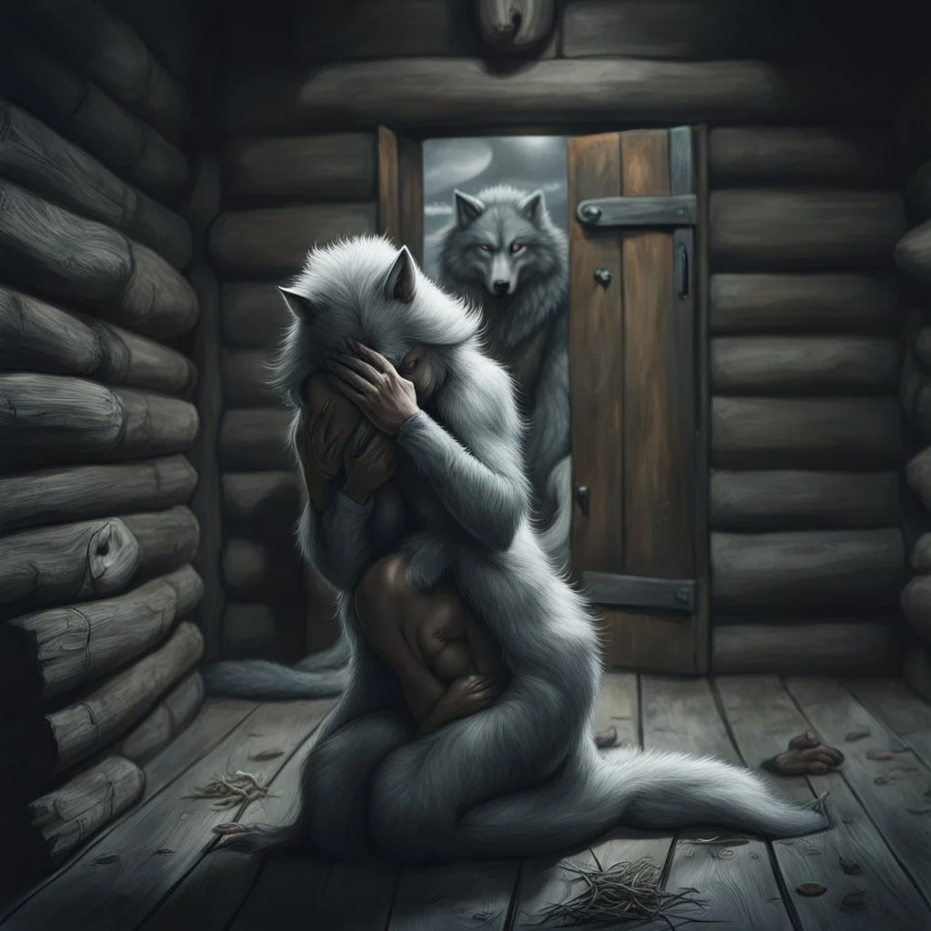 in the middle of a wooden hut an pale gray body hair pregnant anthropomorphic wolf woman creature kneeling, crying and covering eyes with her pawes, in background in the door stands dark gray body hair anthropomorphic wolfman and looking the female wolf. high contrast, high detalied, high realistic, sharp focus. The atmosphere is a seamless blend of sci-fi, dark fantasy