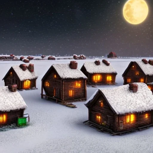 tiny fantasy farming village at night with wooden buildings in winter moonlight