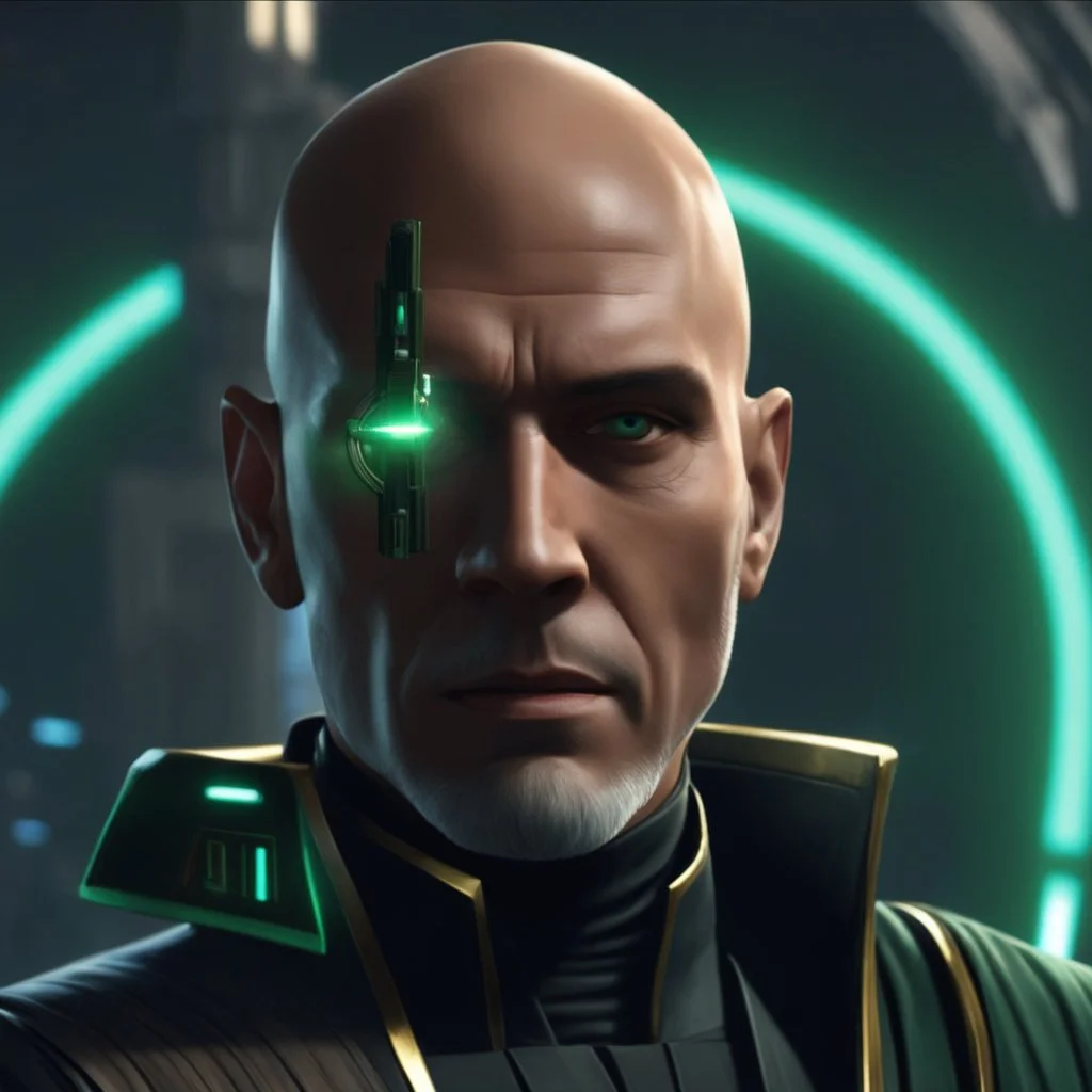 star wars bald male corellian jedi pilot wearing gunmetal grey and black old republic armored robes with gold trim inside the jedi temple holding a lightsaber with viridian green blade in left hand, centered head and shoulders portrait, hyperdetailed, dynamic lighting, hyperdetailed background, 8k resolution, volumetric lighting, light skin, fully symmetric details